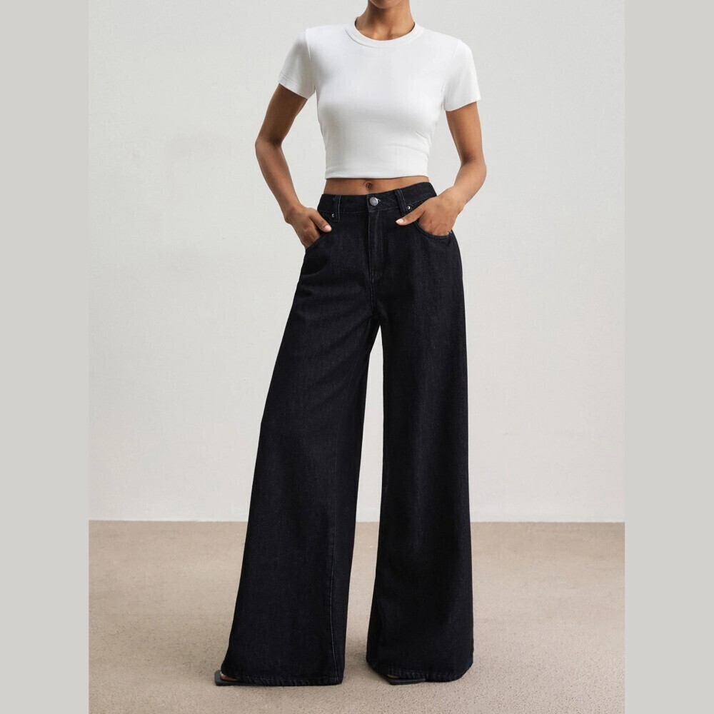 Ultra Dark Blue High Waisted Wide Leg Extra Long Denim Jeans